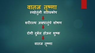 वातज तृष्णा
स्वहेतुुंनी वातप्रिोप
शरीरस्थ अबधातुुंिे शोर्ण
रोगी िुबाल होऊन शुष्ि
वातज तृष्णा
 