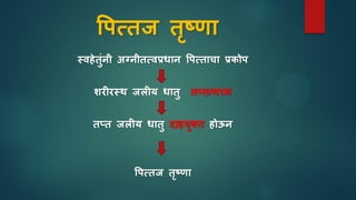 वपसतज तृष्णा
स्वहेतुुंनी अग्नीतसवप्रधान वपसतािा प्रिोप
शरीरस्थ जलीय धातु तप्त/गरम
तप्त जलीय धातु िाहयुक्त होऊन
वपसतज तृष्णा
 