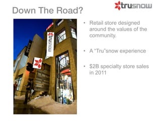 Down The Road?
                 • Retail store designed
                   around the values of the
                   community.

                 • A “Tru”snow experience

                 • $2B specialty store sales
                   in 2011
 