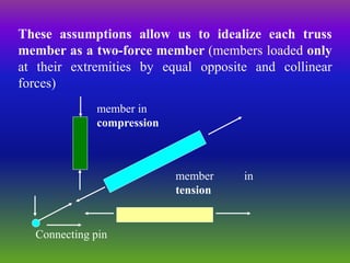 These assumptions allow us to idealize each truss
member as a two-force member (members loaded only
at their extremities by equal opposite and collinear
forces)
member in
compression
member in
tension
Connecting pin
 