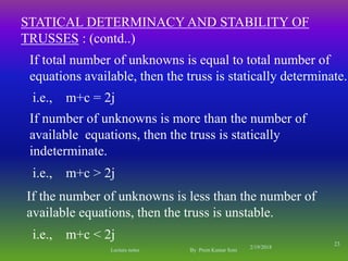 If the number of unknowns is less than the number of
available equations, then the truss is unstable.
If total number of unknowns is equal to total number of
equations available, then the truss is statically determinate.
If number of unknowns is more than the number of
available equations, then the truss is statically
indeterminate.
i.e., m+c = 2j
i.e., m+c > 2j
i.e., m+c < 2j
STATICAL DETERMINACY AND STABILITY OF
TRUSSES : (contd..)
2/19/2018
23
Lecture notes By Prem Kumar Soni
 