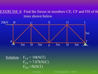 EXERCISE 4: Find the forces in members CE, CF and FH of th
truss shown below.
Solution : FCE = 10kN(T)
FCF = 7.07kN(C)
FFH =5kN(T)
20kN
3m 3m 3m 3m
A
B C
D
E
F
G
H
I
J
3m
2/19/2018 37Lecture notes By Prem Kumar Soni
 
