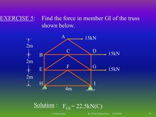 EXERCISE 5: Find the force in member GI of the truss
shown below.
Solution : FGI = 22.5kN(C)
A
B
C D
E
F G
H I
2m
2m
2m
4m
15kN
15kN
15kN
2/19/2018 38Lecture notes By Prem Kumar Soni
 