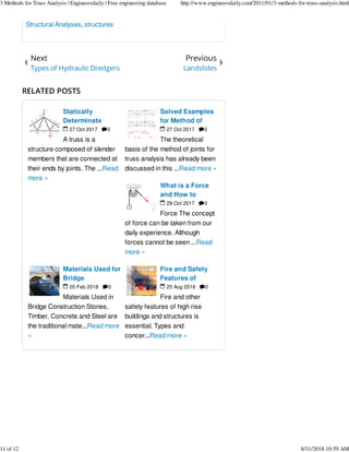 RELATED POSTS
Structural Analyses, structures
Next
Types of Hydraulic Dredgers
Previous
Landslides
Statically
Determinate
A truss is a
structure composed of slender
members that are connected at
their ends by joints. The ...Read
more »
27 Oct 2017 0
Solved Examples
for Method of
The theoretical
basis of the method of joints for
truss analysis has already been
discussed in this ...Read more »
27 Oct 2017 0
What is a Force
and How to
Force The concept
of force can be taken from our
daily experience. Although
forces cannot be seen ...Read
more »
29 Oct 2017 0
Materials Used for
Bridge
Materials Used in
Bridge Construction Stones,
Timber, Concrete and Steel are
the traditional mate...Read more
»
05 Feb 2018 0
Fire and Safety
Features of
Fire and other
safety features of high rise
buildings and structures is
essential. Types and
concer...Read more »
25 Aug 2018 0
3 Methods for Truss Analysis | Engineersdaily | Free engineering database http://www.engineersdaily.com/2011/01/3-methods-for-truss-analysis.html
11 of 12 8/31/2018 10:59 AM
 