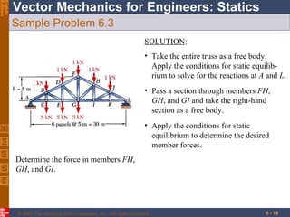 Sample Problem 6.3 Determine the force in members  FH ,  GH , and  GI . SOLUTION : Take the entire truss as a free body.  Apply the conditions for static equilib-rium to solve for the reactions at  A  and  L . Pass a section through members  FH ,  GH , and  GI  and take the right-hand section as a free body. Apply the conditions for static equilibrium to determine the desired member forces. 