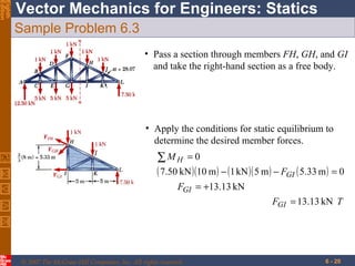 Sample Problem 6.3 Pass a section through members  FH ,  GH , and  GI  and take the right-hand section as a free body. Apply the conditions for static equilibrium to determine the desired member forces. 