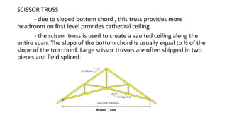 SCISSOR TRUSS
- due to sloped bottom chord , this truss provides more
headroom on first level provides cathedral ceiling.
- the scissor truss is used to create a vaulted ceiling along the
entire span. The slope of the bottom chord is usually equal to ½ of the
slope of the top chord. Large scissor trusses are often shipped in two
pieces and field spliced.
 