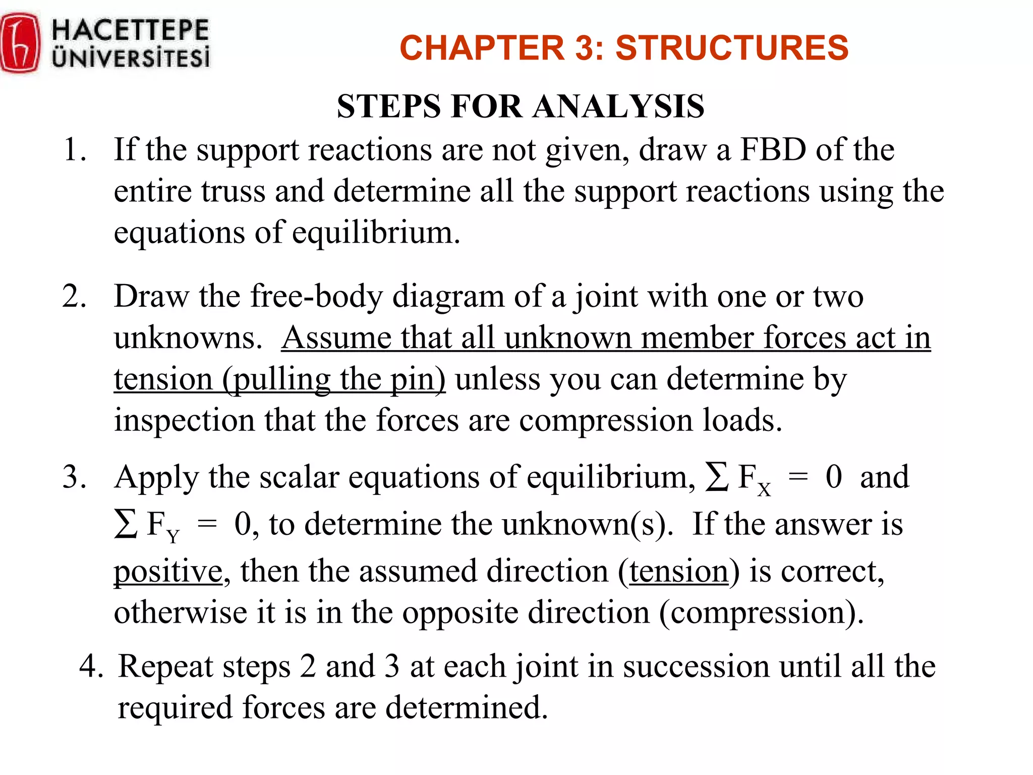 STEPS FOR ANALYSIS 1.  If the support reactions are not given, draw a FBD of the entire truss and determine all the support reactions using the equations of equilibrium. 2.  Draw the free-body diagram of a joint with one or two unknowns.  Assume that all unknown member forces act in tension (pulling the pin)  unless you can determine by inspection that the forces are compression loads. 3. Apply the scalar equations of equilibrium,    F X   =  0  and    F Y   =  0, to determine the unknown(s).  If the answer is  positive , then the assumed direction ( tension ) is correct, otherwise it is in the opposite direction (compression). 4. Repeat steps 2 and 3 at each joint in succession until all the required forces are determined. CHAPTER  3 :  STRUCTURES 