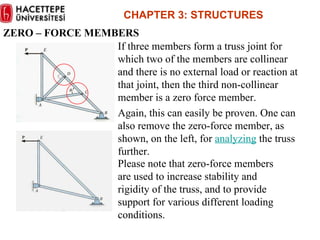 ZERO – FORCE MEMBERS If three members form a truss joint for which two of the members are collinear and there is no external load or reaction at that joint, then the third non-collinear member is a zero force member. Again, this can easily be proven. One can also remove the zero-force member, as shown, on the left, for  analyzing  the truss further. Please note that zero-force members are used to increase stability and rigidity of the truss, and to provide support for various different loading conditions. CHAPTER  3 :  STRUCTURES 