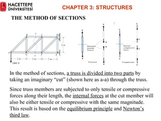 In the method of sections,  a truss is divided into two parts  by taking an imaginary “cut” (shown here as a-a) through the truss. Since truss members are subjected to only tensile or compressive forces along their length, the  internal forces  at the cut member will also be either tensile or compressive with the same magnitude. This result is based on the  equilibrium principle  and  Newton’s third law . CHAPTER  3 :  STRUCTURES THE METHOD OF SECTIONS 