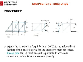 PROCEDURE 5. Apply the equations of equilibrium (EofE) to the selected cut section of the truss to solve for the unknown member forces.  Please note  that in most cases it is possible to write one equation to solve for one unknown directly. CHAPTER  3 :  STRUCTURES 