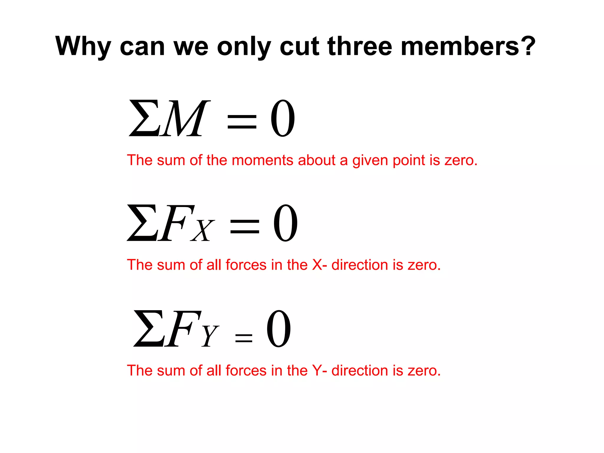 The sum of all forces in the X- direction is zero. The sum of all forces in the Y- direction is zero. The sum of the moments about a given point is zero. Why can we only cut three members?  