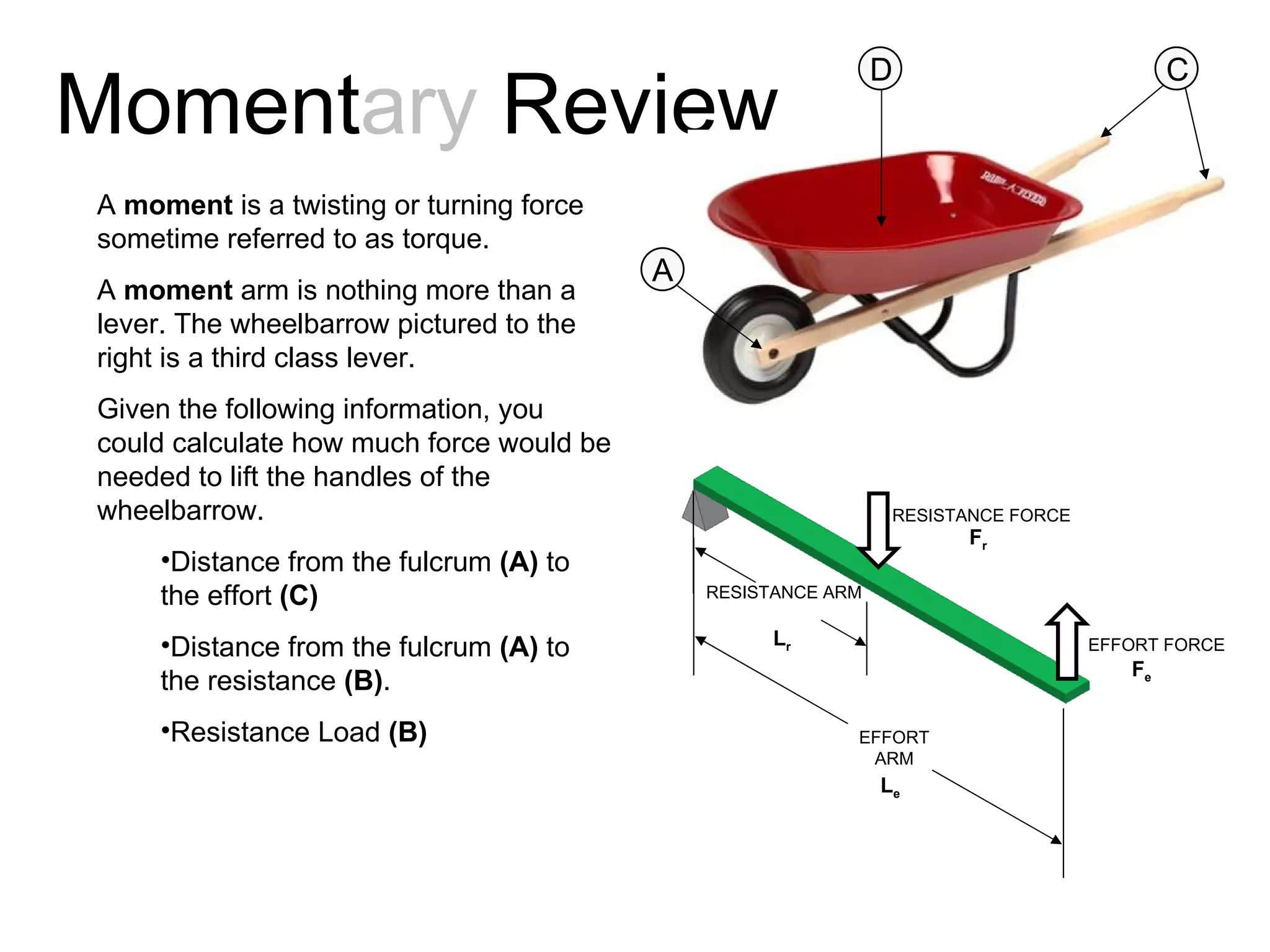 Moment ary  Review A  moment  is a twisting or turning force sometime referred to as torque.  A  moment  arm is nothing more than a lever. The wheelbarrow pictured to the right is a third class lever.  Given the following information, you could calculate how much force would be needed to lift the handles of the wheelbarrow. Distance from the fulcrum  (A)  to the effort  (C)   Distance from the fulcrum  (A)  to the resistance  (B) . Resistance Load  (B) RESISTANCE ARM L r EFFORT ARM L e F e EFFORT FORCE F r RESISTANCE FORCE A D C 