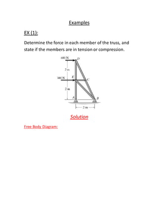 Examples
EX (1):
Determine the force in each member of the truss, and
state if the members are in tension or compression.
Solution
Free Body Diagram:
 