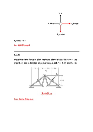 cos60 = 2.56F
= 5 KN (Tension)6F
EX(4):
Determine the force in each member of the truss and state if the
= 0.2PandKN4=1Pmembers are in tension or compression. Set
Solution
Free Body Diagram:
 