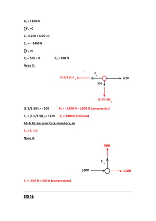= 1200 NxB
=0xF∑
+1200 +1200 =0xC
2400 N-=xC
=0yF∑
= 500 Ny500 = 0 C–yC
Node D:
1300 N = 1300 N (compression)-=2F500-=2(1.5/3.9)F
= 2400 N (Tension)1F= 12002+ (3.6/3.9)F1F
AB & AC are zero force members, so
= 05= F3F
Node B:
500 N = 500 N (compression)-=4F
EX(6):
 