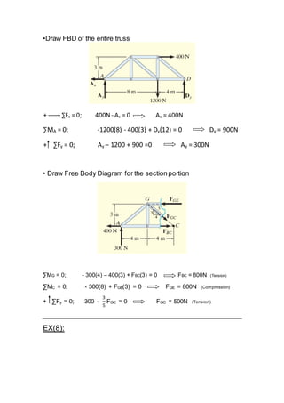 •Draw FBD of the entire truss
= 400Nx= 0 AxA-= 0; 400Nx∑F+
= 900Ny(12) = 0 Dy400(3) + D-1200(8)-= 0;A∑M
= 300Ny1200 + 900 =0 A–y= 0; Ay+ ∑F
• Draw Free Body Diagram for the sectionportion
∑MG = 0; - 300(4) – 400(3) + FBC(3) = 0 FBC = 800N (Tension)
∑MC = 0; - 300(8) + FGE(3) = 0 FGE = 800N (Compression)
+ ∑Fy = 0; 300 -
3
5
FGC = 0 FGC = 500N (Tension)
EX(8):
 