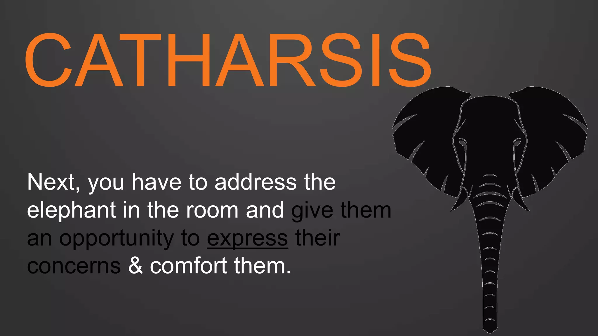 CATHARSIS 
Next, you have to address the elephant in the room and give them an opportunity to express their concerns & comfort them.  