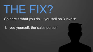 THE FIX? 
So here's what you do… you sell on 3 levels: 
1.you yourself, the sales person  