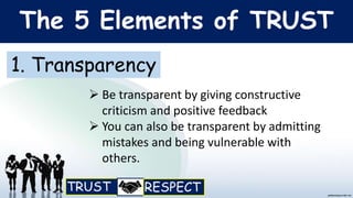 The 5 Elements of TRUST
1. Transparency
 Be transparent by giving constructive
criticism and positive feedback
 You can also be transparent by admitting
mistakes and being vulnerable with
others.
 