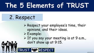 The 5 Elements of TRUST
2. Respect
 Respect your employee’s time, their
opinions, and their ideas.
 Example:
 If you say your meeting is at 9 a.m.,
don’t show up at 9:15.
 