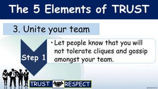 The 5 Elements of TRUST
3. Unite your team
Step 1
• Let people know that you will
not tolerate cliques and gossip
amongst your team.
 