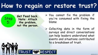 How to regain or restore trust?
 You cannot fix the problem if
you're consumed with fixing the
blame
 Collecting data in the form of
surveys and direct conversations
can help leaders understand what
events and situations contributed
to a breakdown of trust.
Get Feed back.
Note: Attack
the problem,
not the person.
Step
5:
 