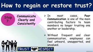 How to regain or restore trust?
Communicate
Clearly and
Consistently
Step
7:
 In most cases, Poor
Communication is one of the main
contributing factors to team
members no longer trusting one
another or leadership.
 Without frequent and clear
communication, employees can
feel unheard, unsupported, and
unvalued.
 
