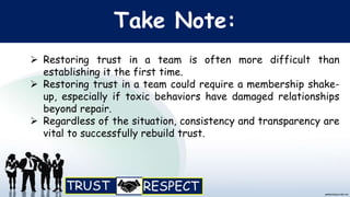 Take Note:
 Restoring trust in a team is often more difficult than
establishing it the first time.
 Restoring trust in a team could require a membership shake-
up, especially if toxic behaviors have damaged relationships
beyond repair.
 Regardless of the situation, consistency and transparency are
vital to successfully rebuild trust.
 