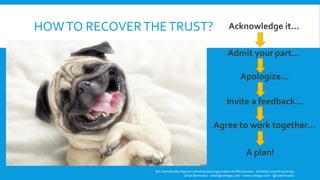 HOWTO RECOVERTHETRUST?
We dramatically improve individual and organizational effectiveness - ZettaGo Consulting Group
Omar Bermudez - omar@zettago.com – www.zettago.com - @ocbermudez
Acknowledge it…
Admit your part…
Apologize…
Invite a feedback…
Agree to work together…
A plan!
 