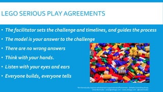 LEGO SERIOUS PLAY AGREEMENTS
We dramatically improve individual and organizational effectiveness - ZettaGo Consulting Group
Omar Bermudez - omar@zettago.com – www.zettago.com - @ocbermudez
• The facilitator sets the challenge and timelines, and guides the process
• The model is your answer to the challenge
• There are no wrong answers
• Think with your hands.
• Listen with your eyes and ears
• Everyone builds, everyone tells
 
