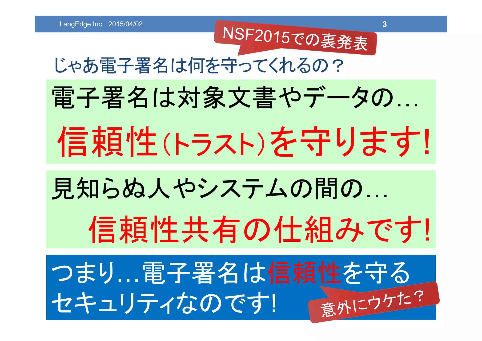 3
見知らぬ人やシステムの間の…
信頼性共有の仕組みです!
じゃあ電子署名は何を守ってくれるの？
電子署名は対象文書やデータの…
信頼性（トラスト）を守ります!
つまり…電子署名は信頼性を守る
セキュリティなのです!
LangEdge,Inc. 2015/04/02
 