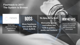 Flashback to 2017:
The System is Broken
8
Distrustful nation:
Australians lose
faith in politics,
media and business
We really don’t
trust our
government or
institutions
anymore
Trust in the financial
sector in Australia
and elsewhere has
plummeted
How business
can tackle the
trust deficit
 