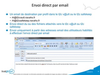 12/06/2013
Textes et photos non contractuels. Les informations présentées sont susceptibles de changer sans préavis ni notification
Envoi direct par email
Un email de destination par profil dans le t2c v@ult ou le t2c safekeep
• rh@t2cvault.navaho.fr
• rh@t2csafekeep.navaho.fr
Envoi direct du ou des fichiers attachés vers le t2c v@ult ou t2c
safekeep
Envoi uniquement à partir des adresses email des utilisateurs habilités
à effectuer l’envoi direct par email
16
 