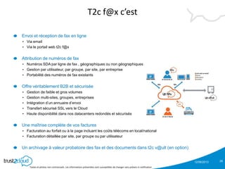 12/06/2013
Textes et photos non contractuels. Les informations présentées sont susceptibles de changer sans préavis ni notification
T2c f@x c’est
Envoi et réception de fax en ligne
• Via email
• Via le portail web t2c f@x
Attribution de numéros de fax
• Numéros SDA par ligne de fax , géographiques ou non géographiques
• Gestion par utilisateur, par groupe, par site, par entreprise
• Portabilité des numéros de fax existants
Offre véritablement B2B et sécurisée
• Gestion de faible et gros volumes
• Gestion multi-sites, groupes, entreprises
• Intégration d’un annuaire d’envoi
• Transfert sécurisé SSL vers le Cloud
• Haute disponibilité dans nos datacenters redondés et sécurisés
Une maîtrise complète de vos factures
• Facturation au forfait ou à la page incluant les coûts télécoms en local/national
• Facturation détaillée par site, par groupe ou par utilisateur
Un archivage à valeur probatoire des fax et des documents dans t2c v@ult (en option)
28
 