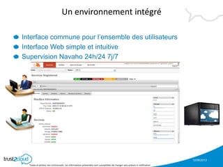 12/06/2013
Textes et photos non contractuels. Les informations présentées sont susceptibles de changer sans préavis ni notification
Un environnement intégré
Interface commune pour l’ensemble des utilisateurs
Interface Web simple et intuitive
Supervision Navaho 24h/24 7j/7
 