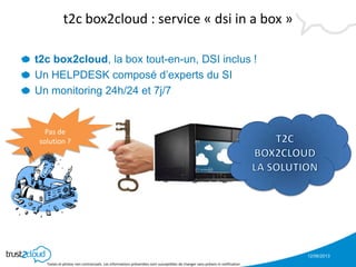 12/06/2013
Textes et photos non contractuels. Les informations présentées sont susceptibles de changer sans préavis ni notification
Pas de
solution ?
t2c box2cloud : service « dsi in a box »
t2c box2cloud, la box tout-en-un, DSI inclus !
Un HELPDESK composé d’experts du SI
Un monitoring 24h/24 et 7j/7
 