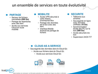 12/06/2013
Textes et photos non contractuels. Les informations présentées sont susceptibles de changer sans préavis ni notification
un ensemble de services en toute évolutivité
PARTAGE
• Serveur de fichiers
centralisés (500 Go)
• Partage de répertoires
avec des tiers
• Accès aux services
Cloud en toute
mobilité
MOBILITE
• Accès VPN sécurisé à
votre réseau
d’entreprise Box
• Partage des données
de la box avec des
tiers
• Interface Mobile
Android de partage de
fichiers
SECURITE
• Tolérance aux
sinistres
• Sauvegarde en ligne
avec données
chiffrées (10 Go)
• Synchronisation
locale des PC sur la
box (500 Go)
• Accès sécurisé à la
box
• Supervision 24/24 7/7
CLOUD AS A SERVICE
• Sauvegarde des données dans le Cloud t2c
• Accès aux fichiers dans le Cloud t2c
• Accès aux services Cloud t2c
 