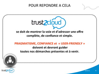 POUR	
  REPONDRE	
  A	
  CELA	
  
                                         	
  
                                         	
  
                                            	
  
                                            	
  
                                            	
  
 se	
  doit	
  de	
  montrer	
  la	
  voie	
  et	
  d’adresser	
  une	
  oﬀre	
  	
  
               complète,	
  de	
  conﬁance	
  et	
  simple.	
  
                                            	
  
PRAGMATISME,	
  CONFIANCE	
  et	
  	
  «	
  USER-­‐FRIENDLY	
  »	
  
                      	
  doivent	
  et	
  devront	
  guider	
  	
  
       toutes	
  nos	
  démarches	
  présentes	
  et	
  à	
  venir.	
  
                                            	
  
                                           	
  
                                        	
  
                                                                                    05/03/12   16
 