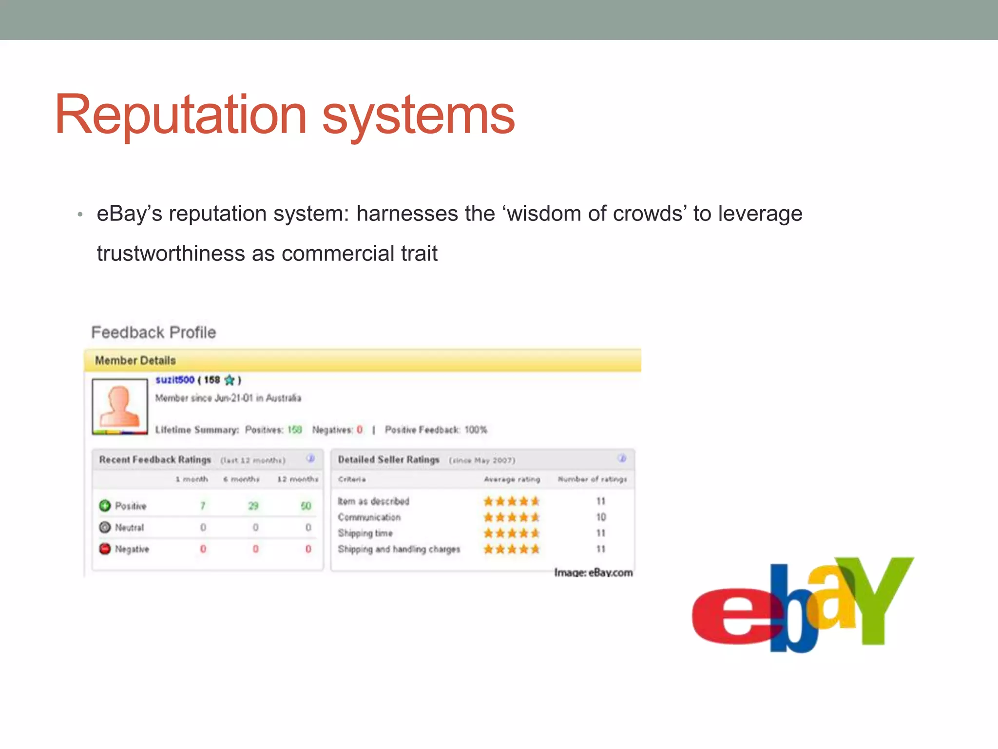 Reputation systems
• eBay’s reputation system: harnesses the ‘wisdom of crowds’ to leverage

 trustworthiness as commercial trait
 