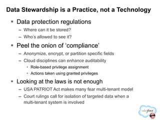 Data protection regulations Where can it be stored? Who’s allowed to see it? Peel the onion of ‘compliance’ Anonymize, encrypt, or partition specific fields Cloud disciplines can  enhance  auditability Role-based privilege assignment Actions taken using granted privileges Looking at the laws is not enough USA PATRIOT Act makes many fear multi-tenant model Court rulings call for isolation of targeted data when a multi-tenant system is involved Data Stewardship is a Practice, not a Technology 