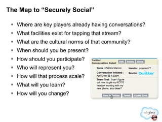 Where are key players already having conversations? What facilities exist for tapping that stream? What are the cultural norms of that community? When should you be present? How should you participate? Who will represent you? How will that process scale? What will you learn? How will you change? The Map to “Securely Social” 