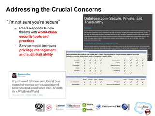 Addressing the Crucial Concerns “ I’m not sure you’re secure ” PaaS responds to new threats with  world-class security tools and practices Service model improves  privilege management and audit-trail ability 
