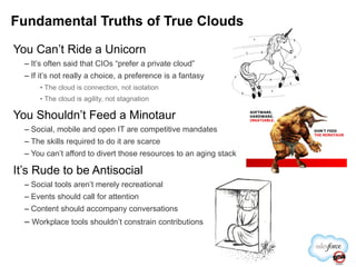 You Can’t Ride a Unicorn It’s often said that CIOs “prefer a private cloud” If it’s not really a choice, a preference is a fantasy The cloud is connection, not isolation The cloud is agility, not stagnation You Shouldn’t Feed a Minotaur Social, mobile and open IT are competitive mandates The skills required to do it are scarce You can’t afford to divert those resources to an aging stack It’s Rude to be Antisocial Social tools aren’t merely recreational Events should call for attention Content should accompany conversations Workplace tools shouldn’t constrain contributions Fundamental Truths of True Clouds 