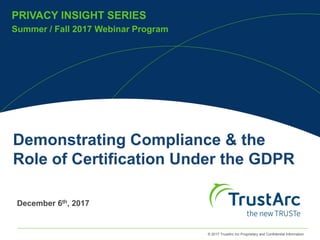 © 2017 TrustArc Inc Proprietary and Confidential Information
PRIVACY INSIGHT SERIES
Summer / Fall 2017 Webinar Program
PRIVACY INSIGHT SERIES
Demonstrating Compliance & the
Role of Certification Under the GDPR
December 6th, 2017
 