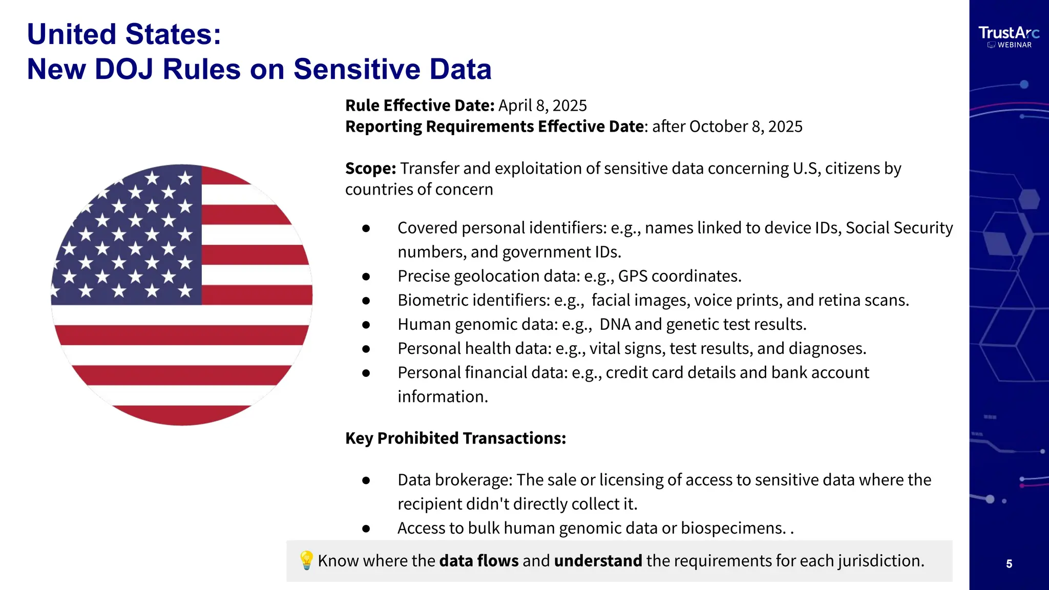 5
United States:
New DOJ Rules on Sensitive Data
Rule Eﬀective Date: April 8, 2025
Reporting Requirements Eﬀective Date: after October 8, 2025
Scope: Transfer and exploitation of sensitive data concerning U.S, citizens by
countries of concern
● Covered personal identifiers: e.g., names linked to device IDs, Social Security
numbers, and government IDs.
● Precise geolocation data: e.g., GPS coordinates.
● Biometric identifiers: e.g., facial images, voice prints, and retina scans.
● Human genomic data: e.g., DNA and genetic test results.
● Personal health data: e.g., vital signs, test results, and diagnoses.
● Personal financial data: e.g., credit card details and bank account
information.
Key Prohibited Transactions:
● Data brokerage: The sale or licensing of access to sensitive data where the
recipient didn't directly collect it.
● Access to bulk human genomic data or biospecimens. .
💡Know where the data flows and understand the requirements for each jurisdiction.
 