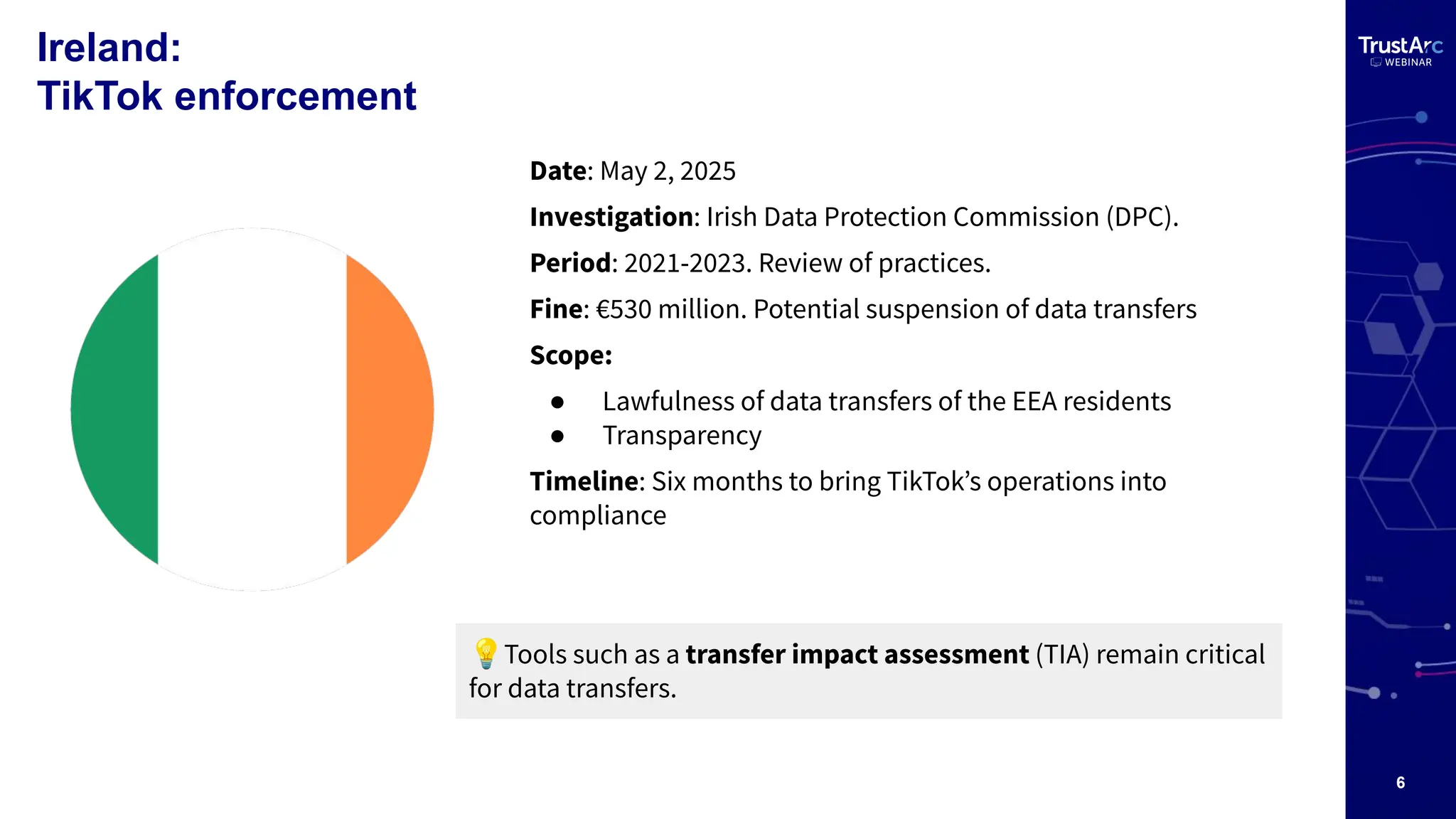 6
Ireland:
TikTok enforcement
Date: May 2, 2025
Investigation: Irish Data Protection Commission (DPC).
Period: 2021-2023. Review of practices.
Fine: €530 million. Potential suspension of data transfers
Scope:
● Lawfulness of data transfers of the EEA residents
● Transparency
Timeline: Six months to bring TikTokʼs operations into
compliance
💡Tools such as a transfer impact assessment (TIA) remain critical
for data transfers.
 