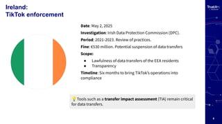 6
Ireland:
TikTok enforcement
Date: May 2, 2025
Investigation: Irish Data Protection Commission (DPC).
Period: 2021-2023. Review of practices.
Fine: €530 million. Potential suspension of data transfers
Scope:
● Lawfulness of data transfers of the EEA residents
● Transparency
Timeline: Six months to bring TikTokʼs operations into
compliance
💡Tools such as a transfer impact assessment (TIA) remain critical
for data transfers.
 