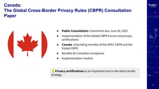 7
Canada:
The Global Cross-Border Privacy Rules (CBPR) Consultation
Paper
● Public Consultation: Comments due June 30, 2025
● Implementation of the Global CBPR Forum and privacy
certifications
● Canada: a founding member of the APEC CBPR and the
Global CBPR
● Benefits for Canadian companies
● Implementation models
💡Privacy certifications as an important tool in the data transfer
strategy.
 