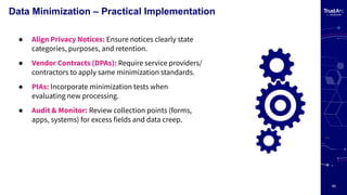 11
Data Minimization – Practical Implementation
● Align Privacy Notices: Ensure notices clearly state
categories, purposes, and retention.
● Vendor Contracts (DPAs): Require service providers/
contractors to apply same minimization standards.
● PIAs: Incorporate minimization tests when
evaluating new processing.
● Audit & Monitor: Review collection points (forms,
apps, systems) for excess fields and data creep.
 